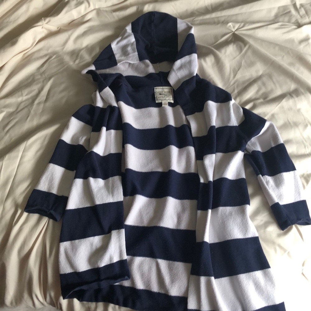 3/4 sleeve hooded navy/white open cardigan